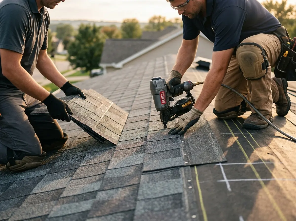 Professional roofer working on a residential roof in Fate